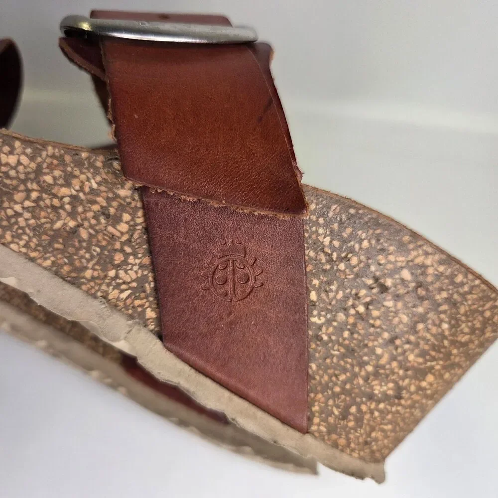 Yokono Brown Leather Wedge Buckle Slide Sandals Size 8 Spain